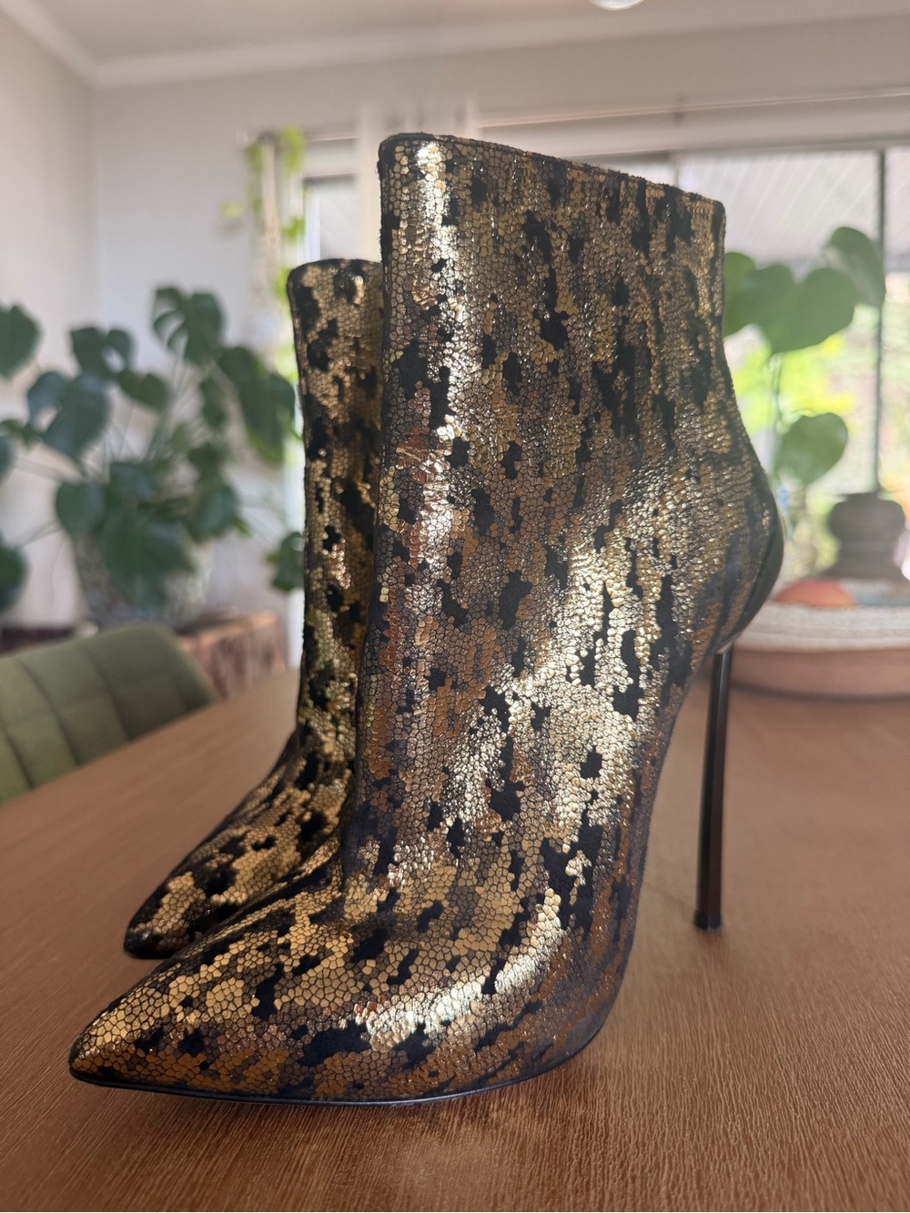 Casadei Gold and Black Leopard Sequin Ankle Boots
